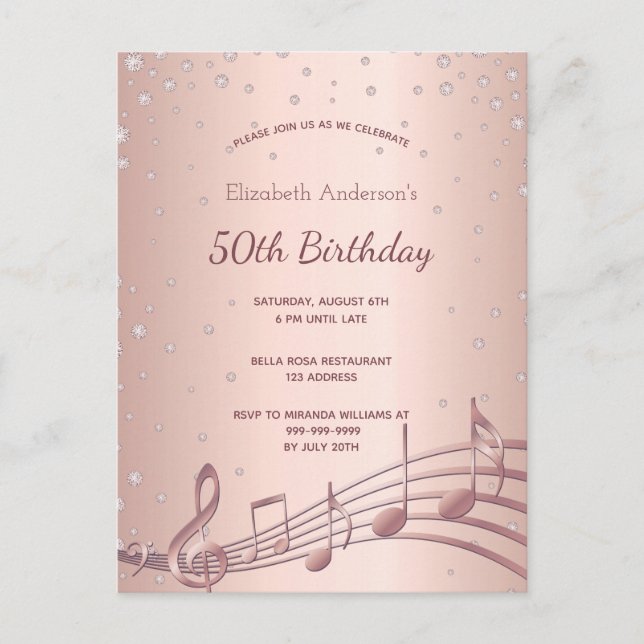 convite para música de diamantes rosa de festa de  (Frente)