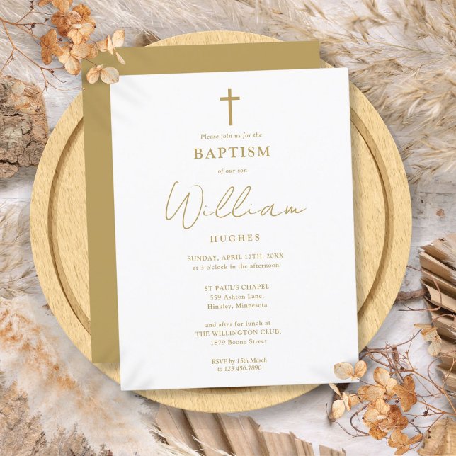 Convite para Natal Elegante do Batismo Dourado (Elegant Gold Baptism Christening Invitation Postcard)