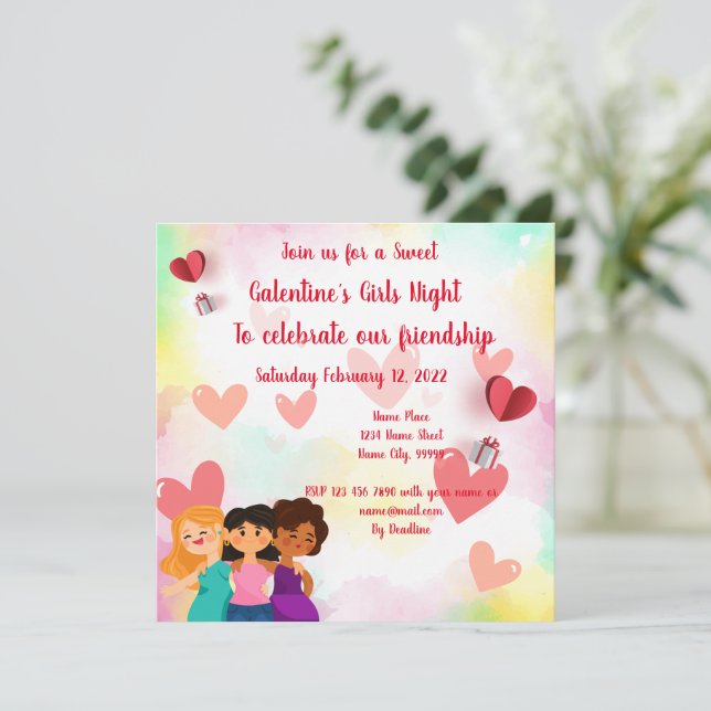 Convite para Noite das Meninas da Galentine (Em pé/Frente)