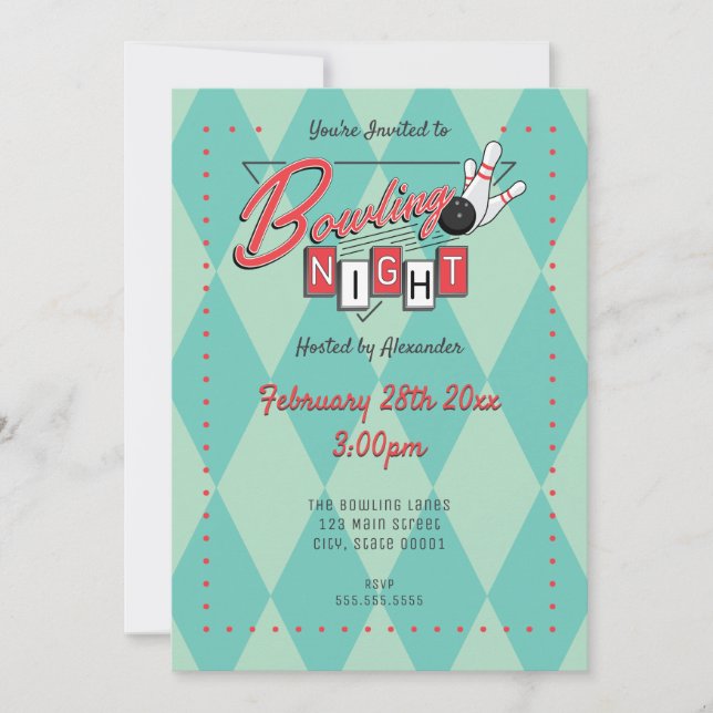 Convite para Noite de Boliche com Logotipo Retrô (Frente)