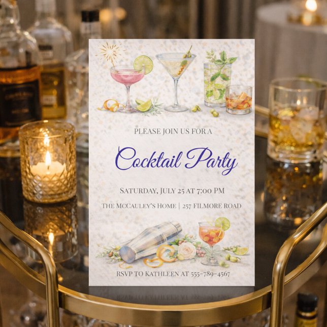 Convite para Noite de Coquetel com Roteiro Azul (Blue script cocktail night with citrus drinks and modern bar gathering vibe)