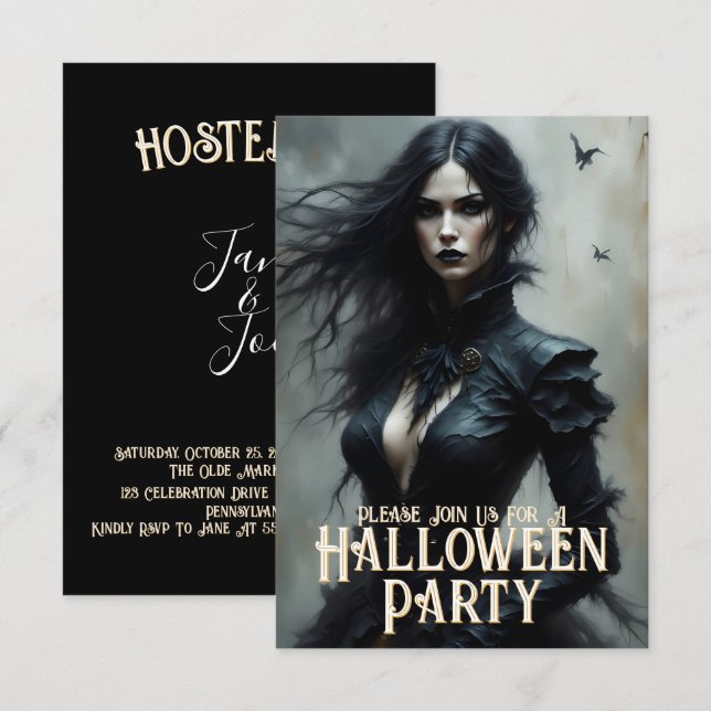 Convite para Noite de Halloween Gótico de Mistério (Frente/Verso)