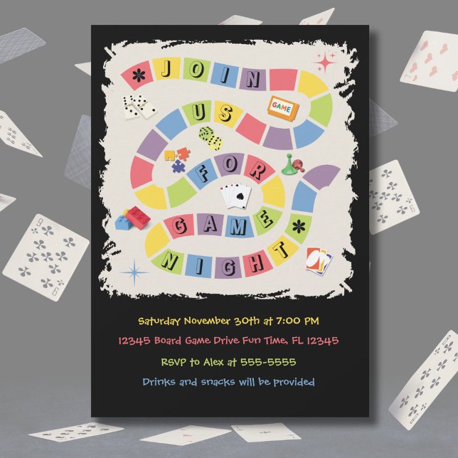Convite para Noite de Jogo de Tabuleiro Colorido R (A dynamic, high-energy view of the retro board game invitation surrounded by falling playing cards)