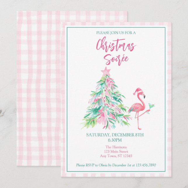 Convite para Noite de Natal de Flamingo em Aquarel (Frente/Verso)