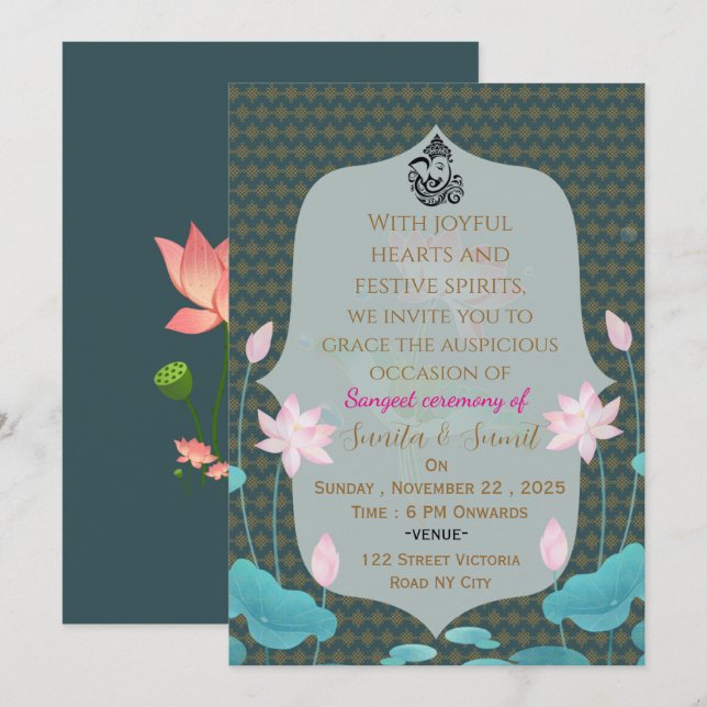Convite para Noite de Sangeet de Casamento Indiano (Frente/Verso)
