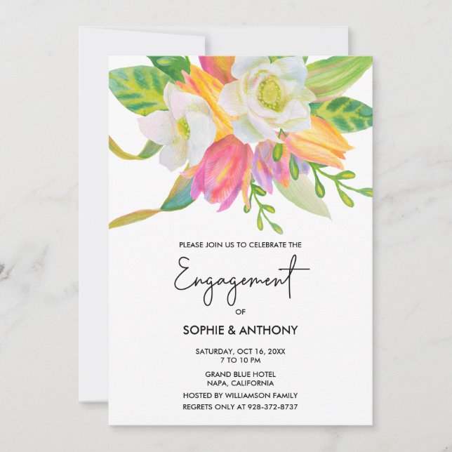 Convite para Noivado de Casamento de Tulipas Rosa  (Frente)