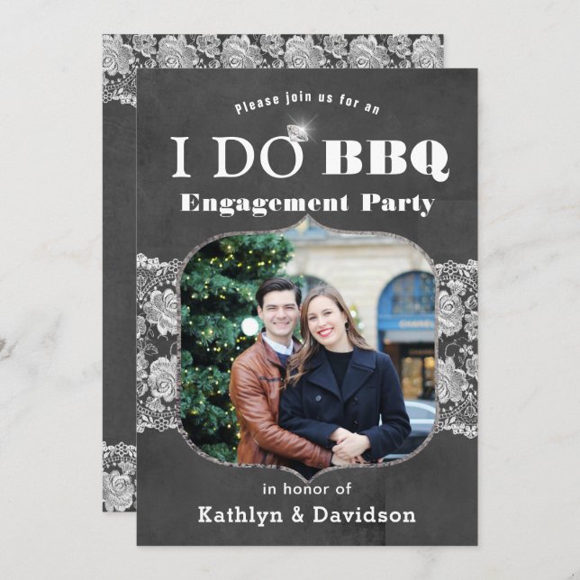 Convite para Noivado Elegante Lace Photo I DO (Frente/Verso)