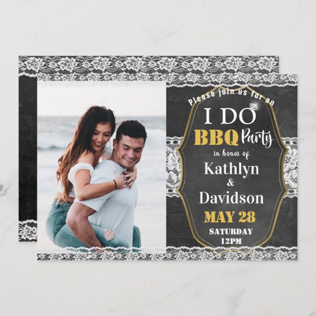 Convite para Noivado Elegante Lace Photo I DO (Frente/Verso)