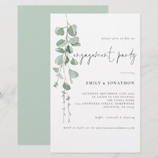 Convite para Noivado Eucalyptus com Aquarela Orçam (Frente/Verso)