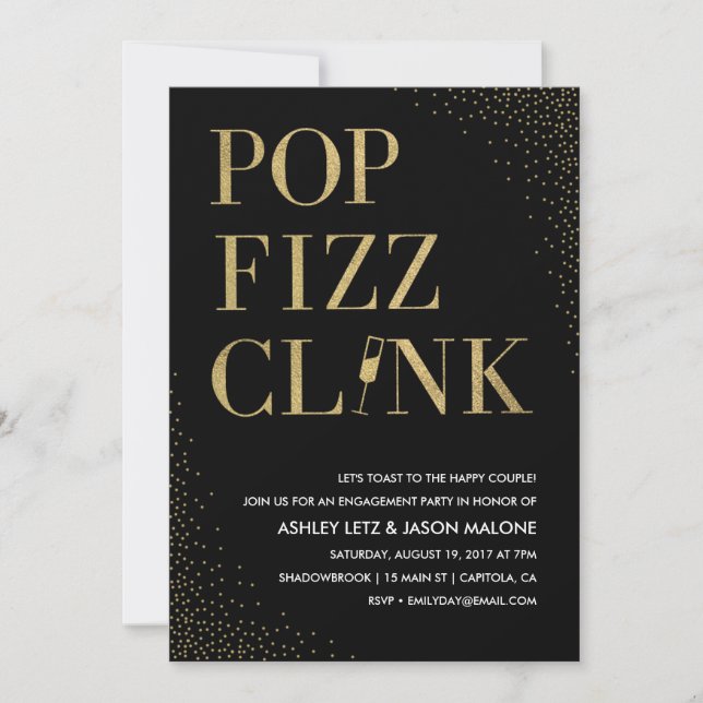 Convite para Noivado pop Fizz Clink Wedding (Frente)