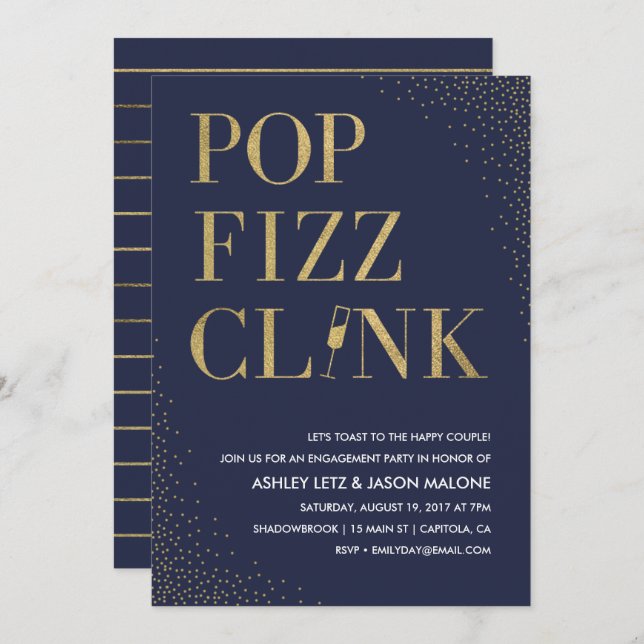 Convite para Noivado pop Fizz Clink Wedding (Frente/Verso)