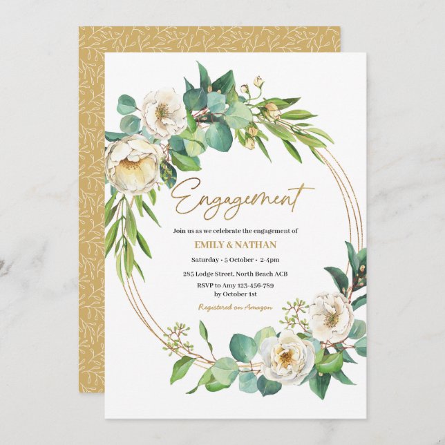 Convite para Noivados florais Dourados e brancos (Frente/Verso)