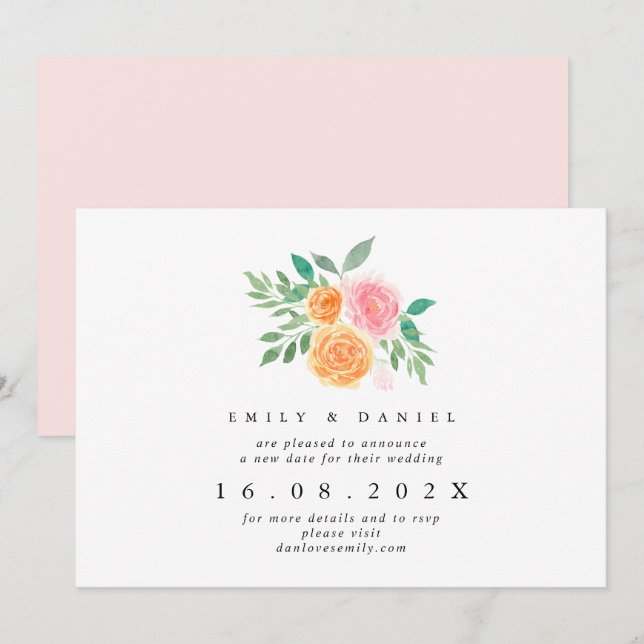 Convite para Nova Data de Casamento Floral Laranja (Frente/Verso)