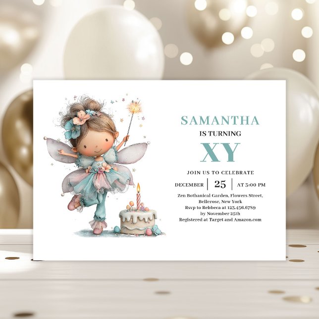 Convite para o 3º aniversário da menina fada fofa  (Cute Fairy Girl 3rd Birthday Whimsy Pastel invitation)