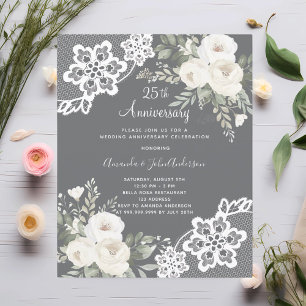 Convite para o aniversário de 25 de florais branco