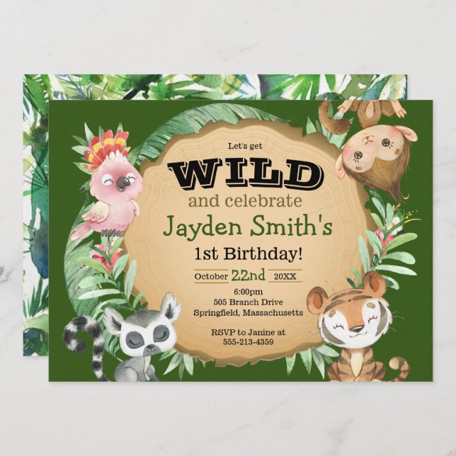 Convite para o aniversário de animais selvagens um (Frente/Verso)