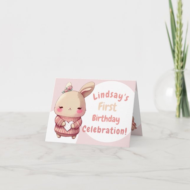 Convite para o aniversário de coelhinho rosado e b (Frente)