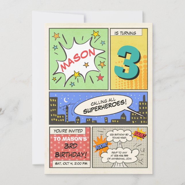 convite para o aniversário de super-heróis Cartoon (Frente)