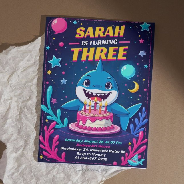 Convite para o aniversário de tubarões brancos | P (Cute Shark Birthday Invitation  Underwater Party
)