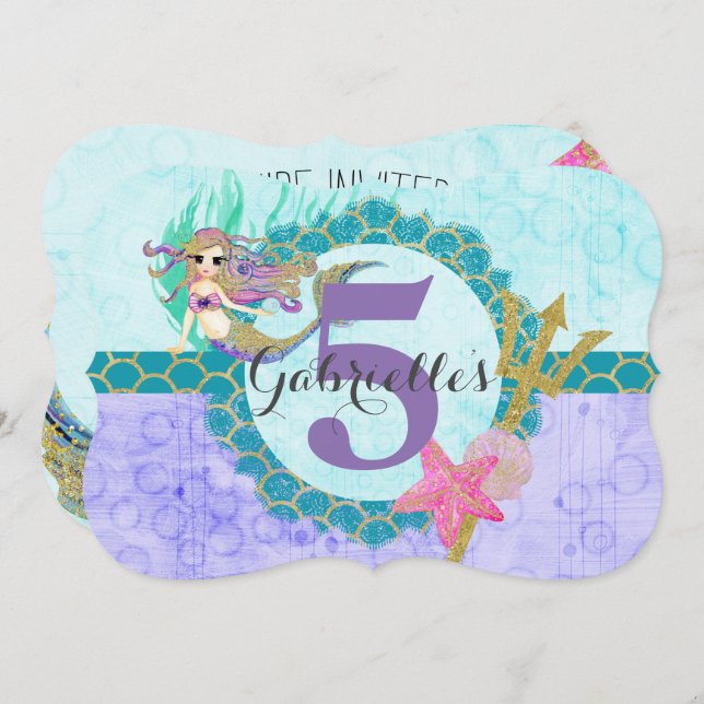 Convite para o aniversário de uma menina de sereia (Frente/Verso)