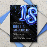 Convite para o Aniversário do Teen Boy Blue 18th<br><div class="desc">Um design de aniversário que corta hetero para a celebração, sem brincadeiras. Apresentando números ousados que se parecem com balões de folha com confete espumante por toda parte, esta design traz vibrações instantâneas do partido. O esquema de cor azul real e o texto de deco da arte elevam o design,...</div>