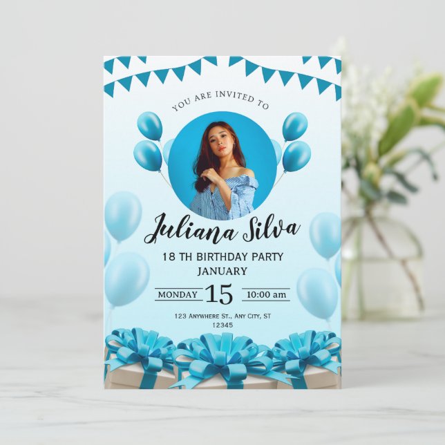 Convite para o Aniversário Moderno Azul (Em pé/Frente)