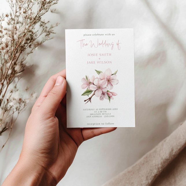 convite para o casamento da flor da cereja bonito (Cherry blossom, watercolor, wedding invitation, pink, white and green)