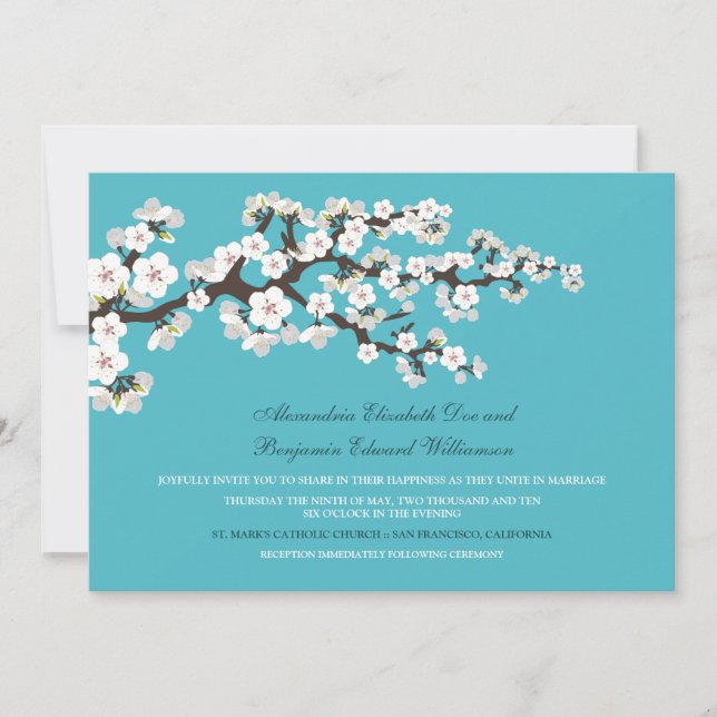 Convite para o casamento de Cherry Blossoms (aqua) (Frente)