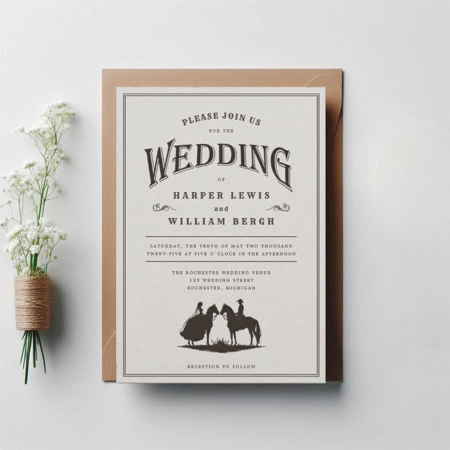 Convite para o casamento de covardes (Western wedding invitation with a silhuette of a bride and groom on horsebacks!)