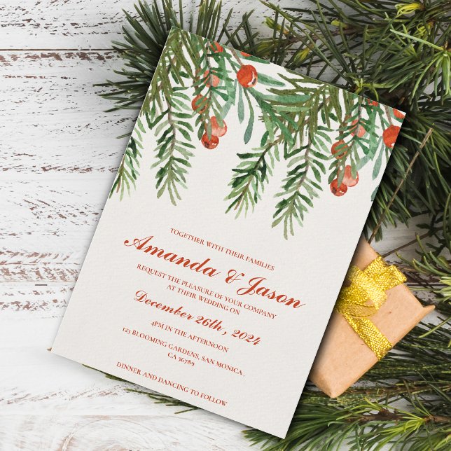 Convite para o casamento de Natal Festivo Red Berr (Festive Red Berries Christmas wedding Invitation)