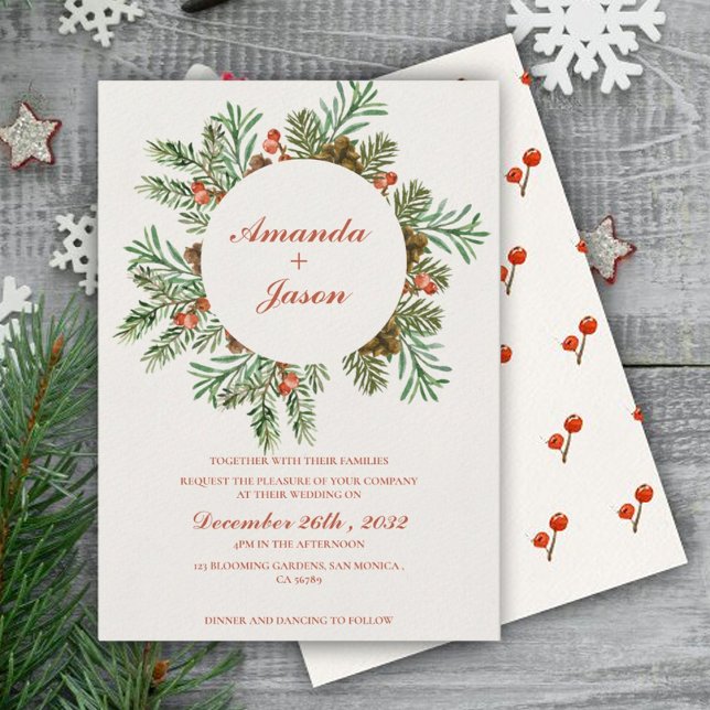 Convite para o casamento de Pine Cone Red Berries (Pine Cone Red Berries Christmas wedding Invitation)