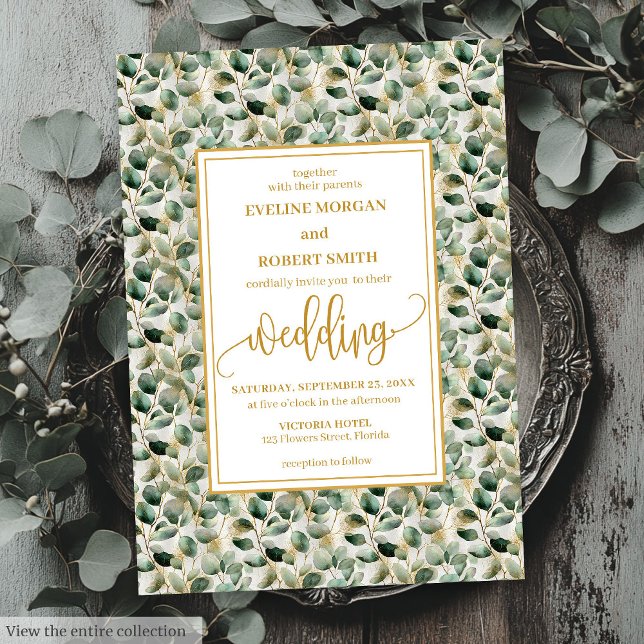 Convite para o casamento do eucalipto de ouro mini (Minimalist sage gold eucalyptus wedding invitation

)