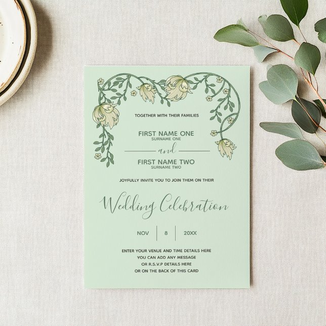 Convite para o casamento do Green soft floral Art  (Art nouveau wedding invitation with green script and vintage style floral top frame)