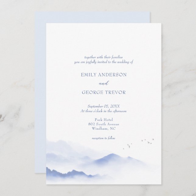 Convite para o casamento entre montanhas e aves az (Frente/Verso)