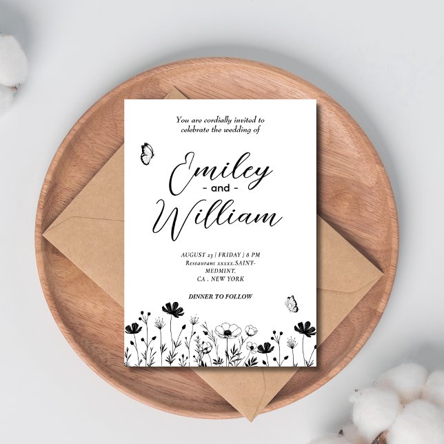 Convite para o casamento floral branco e preto clá (Criador carregado)