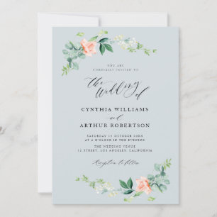 convite para o casamento floral de cor azul empoei