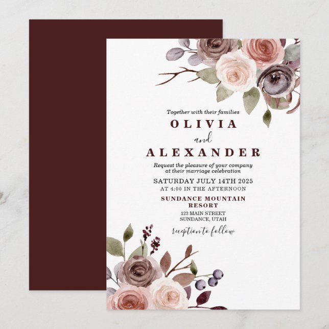 Convite para o casamento floral de Fall Burgundy (Frente/Verso)