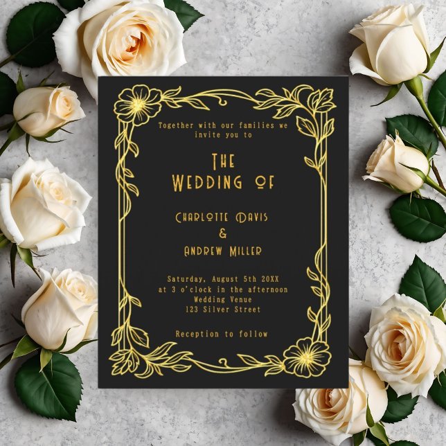 Convite para o casamento floral de ouro negro (Criador carregado)