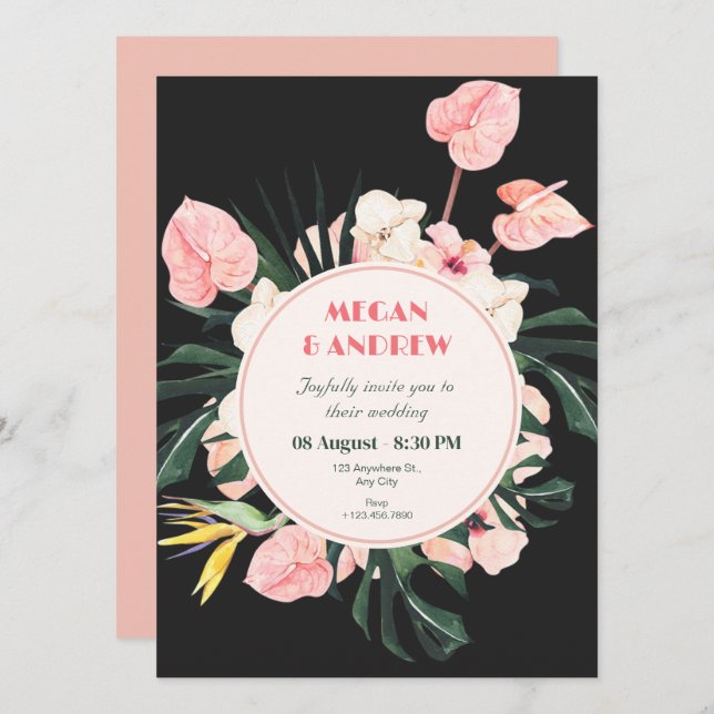 Convite para o casamento floral preto rosa (Frente/Verso)