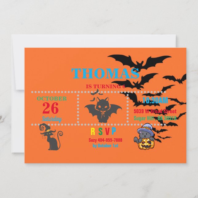 Convite para o Dia das Bruxas de Gatos e Bats (Frente)