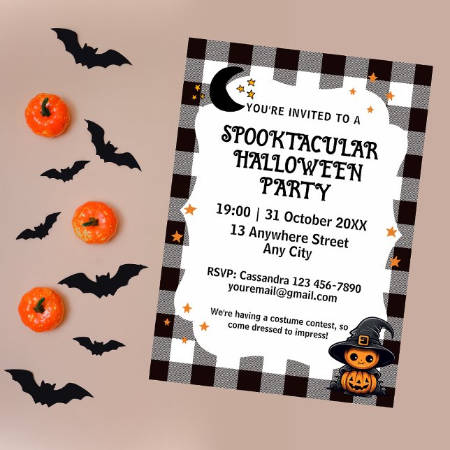 Convite para o Dia das Bruxas de Gingham, em Preto (Black Vichy Check Gingham Halloween Invitation.)