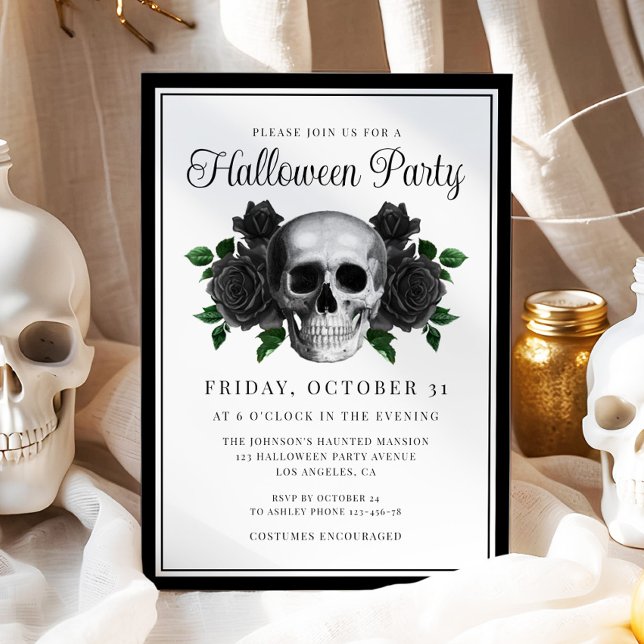 Convite para o Dia das Bruxas do Caveira Floral Gó (Gothic Floral Skull Halloween Invitation)