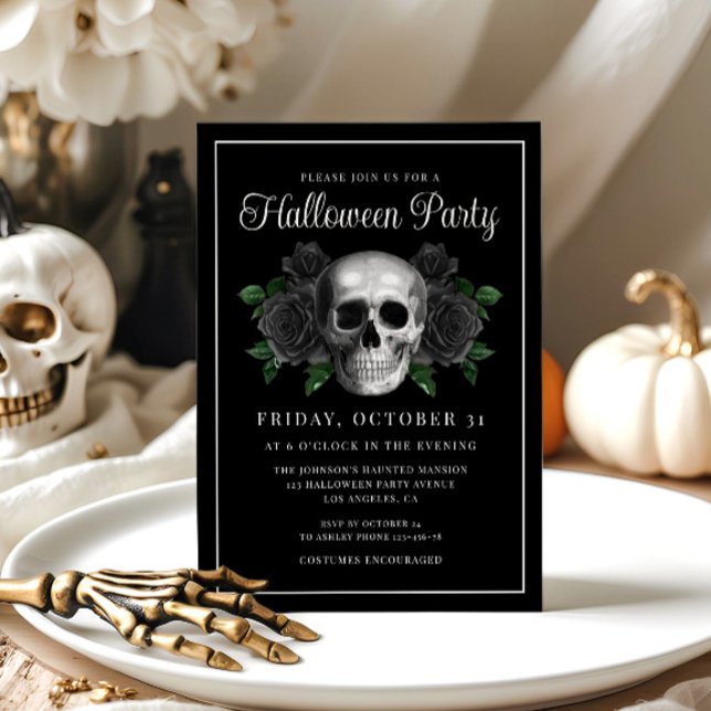 Convite para o Dia das Bruxas do Crânio Floral Neg (Black Gothic Floral Skull Halloween Invitation)