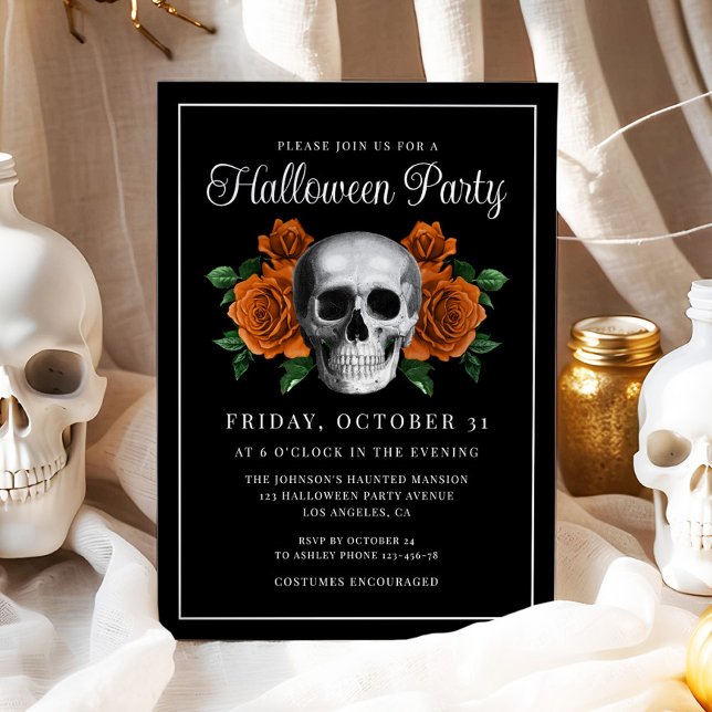 Convite para o Dia das Bruxas do Crânio Floral Neg (Black Gothic Floral Skull Halloween Invitation)