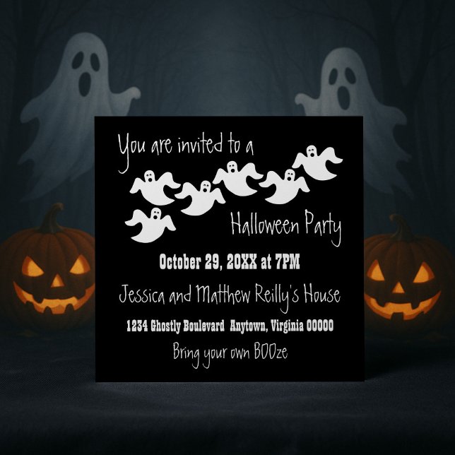 Convite para o Dia das Bruxas do Fantasma, Preto (Black Ghost Party Halloween Invitation)