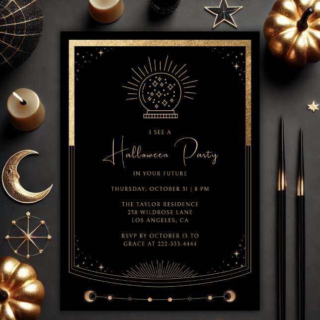 Convite para o Dia das Bruxas Dourado Místico Negr (Mystical Black & Gold Tarot Card Halloween Party Invitation Template)