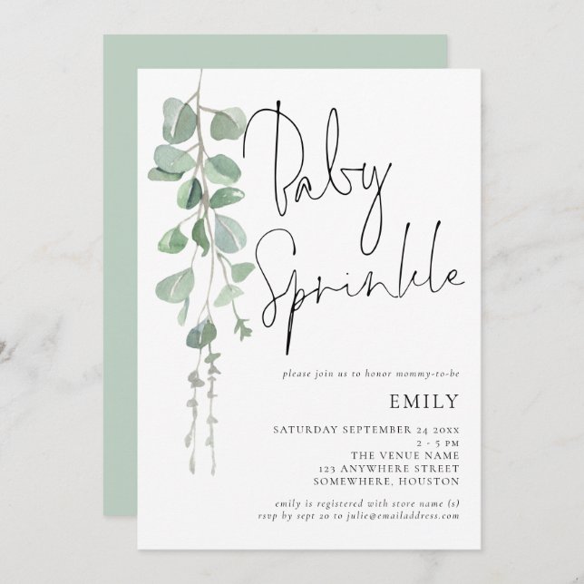 Convite para o Eucalyptus Baby Sprinkle de Script  (Frente/Verso)