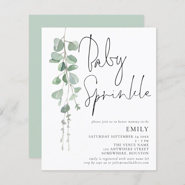 Convite para o Eucalyptus Baby Sprinkle, Script Or (Frente/Verso)