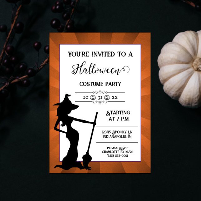 Convite para o Festa de Bruxas de Orange Starburst (Orange Starburst Witch Halloween Party Invite)
