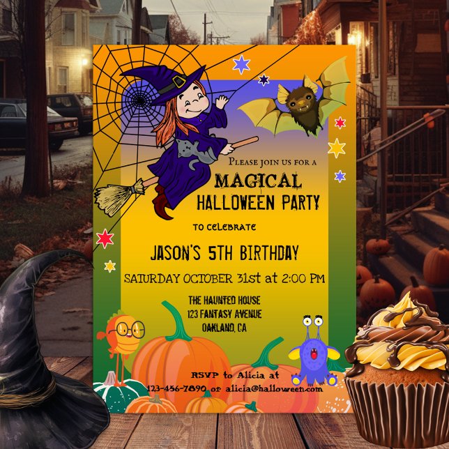 Convite para o Festa de Bruxas Simples (A magical Halloween party invitation featuring a witch with her frightened kitty flying on her broom)